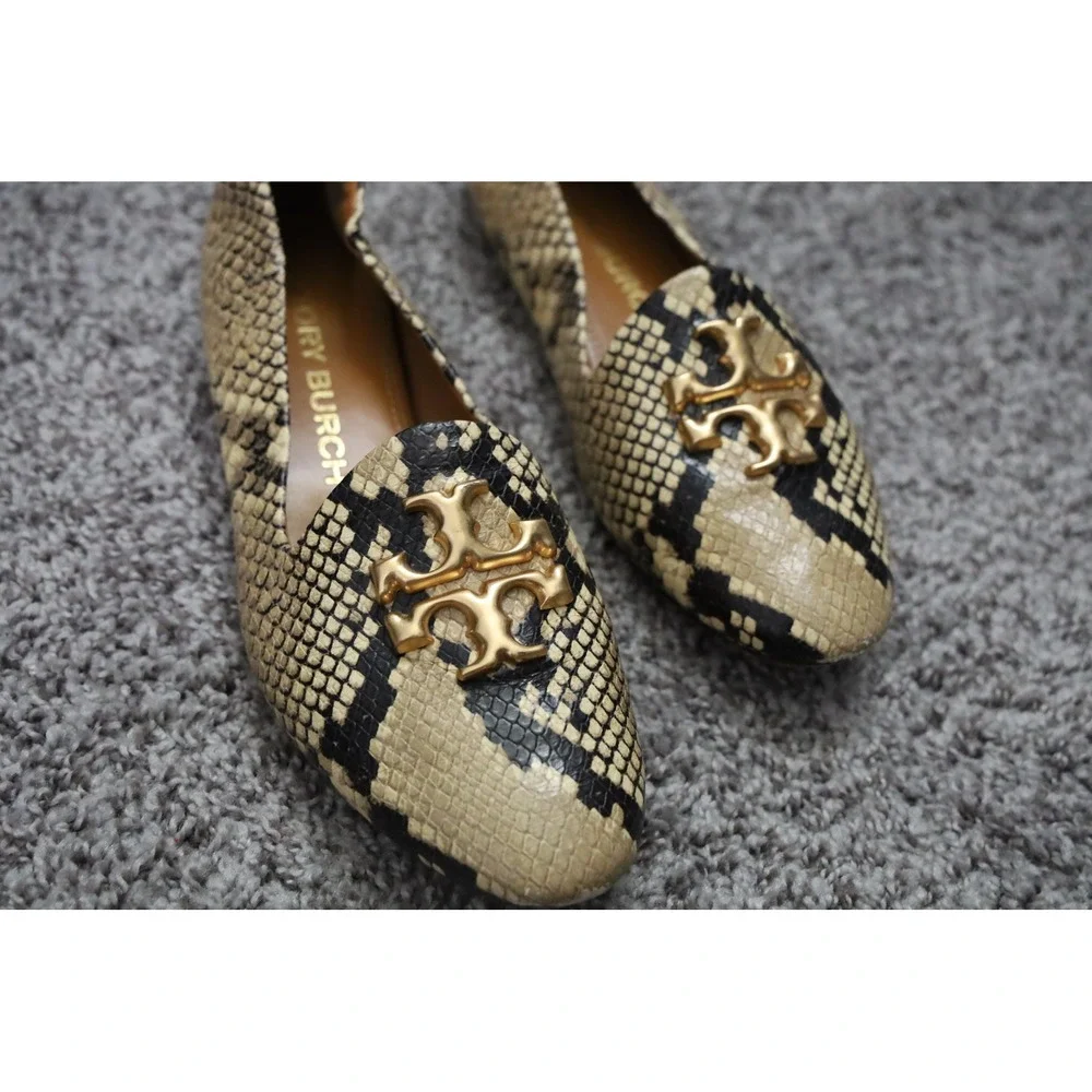 Tory Burch Eleanor Loafer Snake Embossed Leather Gold Logo Flats Size 7M Neutral